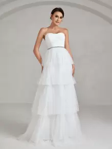 Layer Hem Mesh Tube Wedding Dress - White - View 1