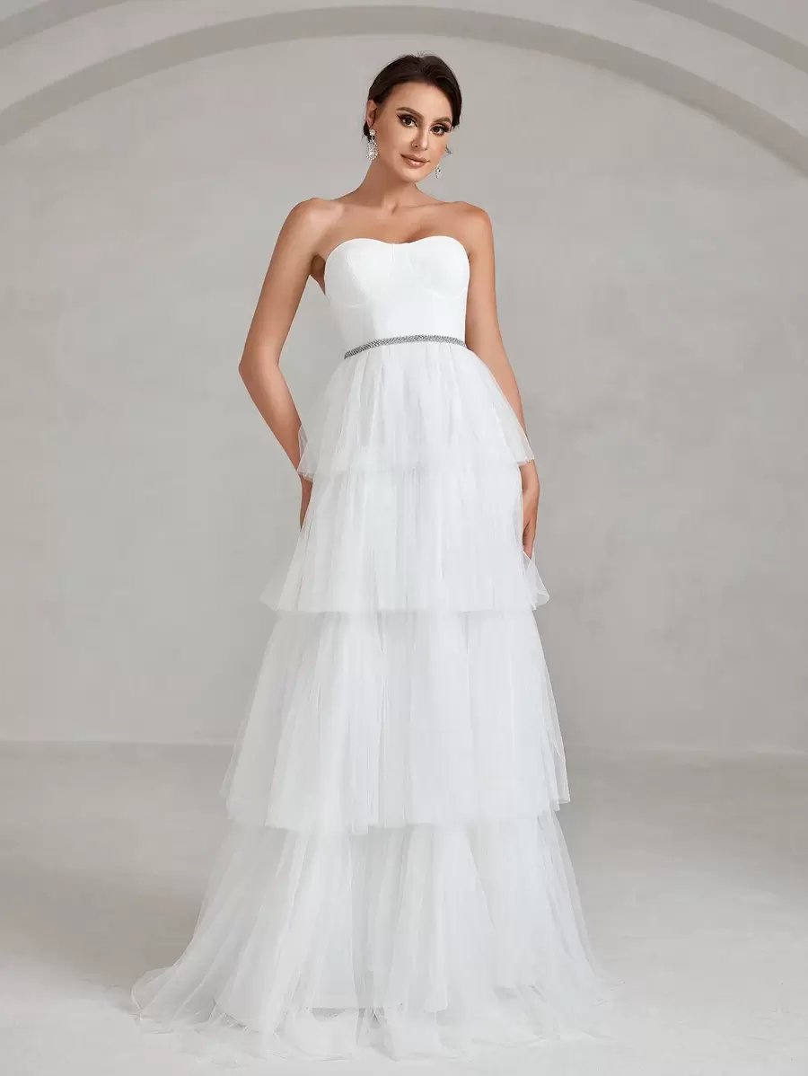 Layer Hem Mesh Tube Wedding Dress - White - View 1