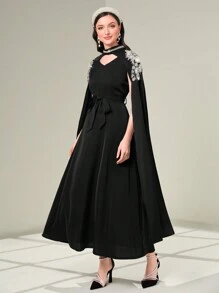 Al Najma Pearls Detail Cloak Sleeve Belted Kaftan, Modest Arabian Dress