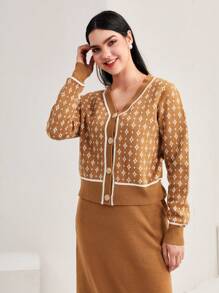Mulvari Geo Pattern Button Front Cardigan & Knit Skirt