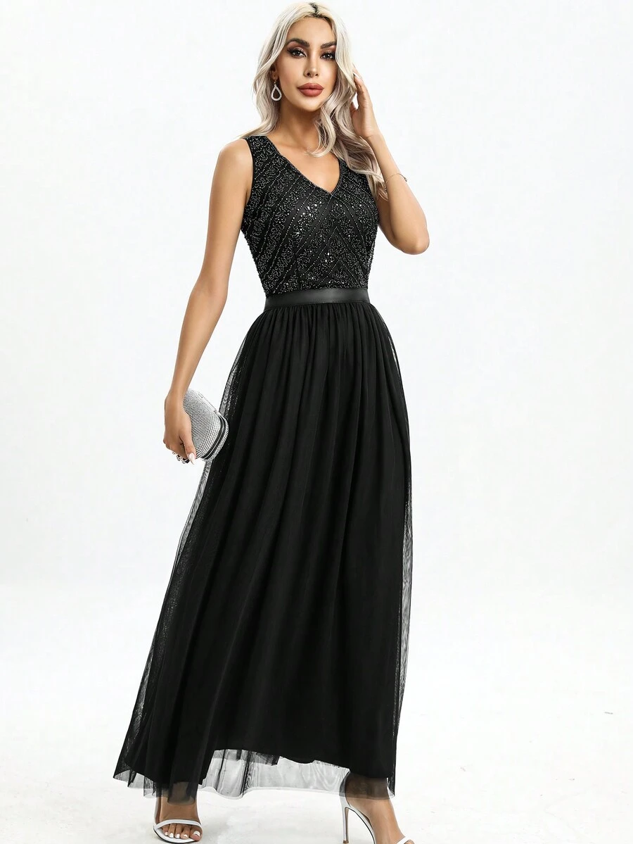 Contrast Sequin Mesh Formal Dress - Black - View 1