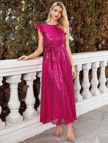 Ruffle Trim Belted Sequin Formal Dress - Hot Pink - View 3