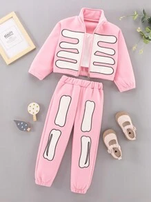 SHEIN 女小童吊帶上衣和運動褲和拉鏈開襟夾克 - 粉色 - 查看 3