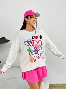 SHEIN EZwear Hơn Tim & Mẫu chữ Thả vai Áo len - trắng - Xem 4