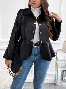 SHEIN Clasi 加號鈕扣正面荷葉邊 PU 皮夾克 - 黑色 - 查看 1