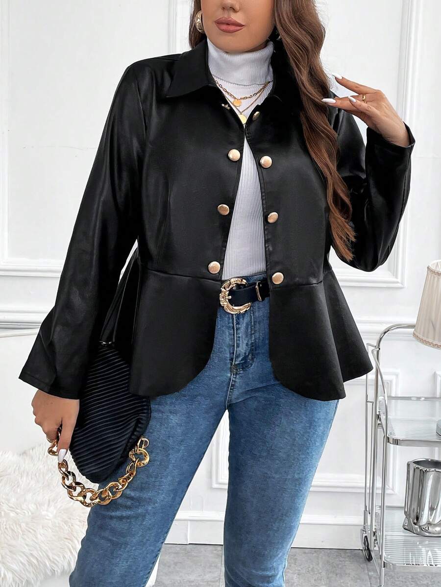 SHEIN Clasi 加號鈕扣正面荷葉邊 PU 皮夾克 - 黑色 - 查看 1