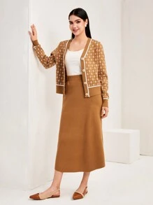 Mulvari Geo Pattern Button Front Cardigan & Knit Skirt