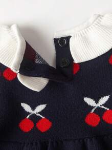 SHEIN Baby Girls Cherry Pattern Ruffle Trim Sweater & Knit Shorts - Navy Blue - View 5