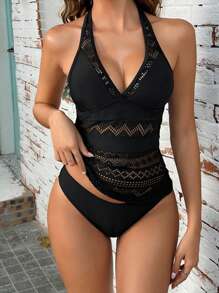 中空露背連帽中褲泳衣 - 黑色 - 查看 5