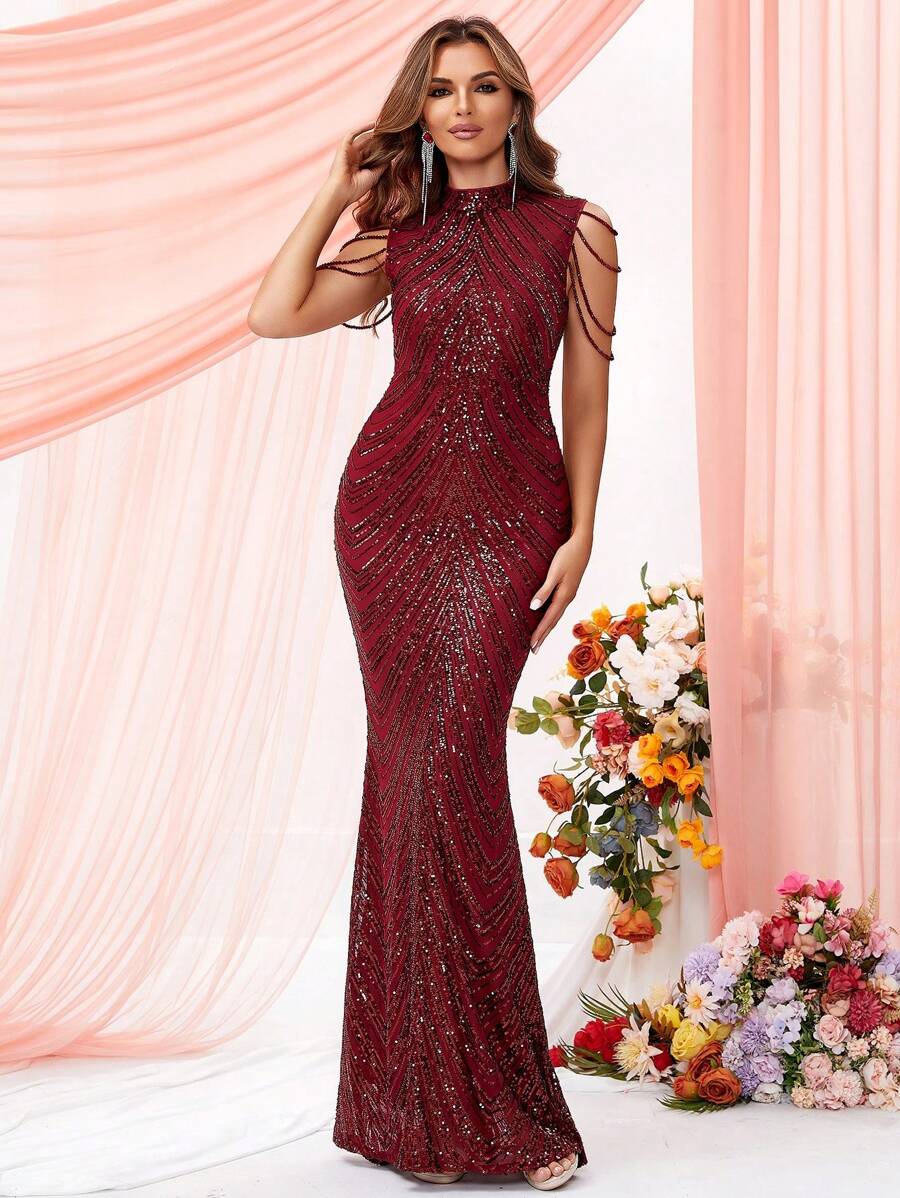 LOVE&LEMONADE Mock Neck Beaded Detail Sequin Prom Dress Party Dress Wedding Guest Dress Formal Dress Evening Dress,Gown - Red - View 1
