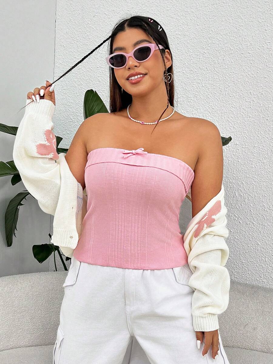 SHEIN MOD Plus Bow Front Tube Knit Top - Pink - View 1