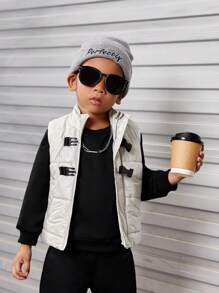 SHEIN Explorewe Young Boy Slant Pockets Sleeveless Buckle Front Padded Coat - Light Grey - View 5