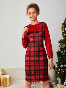 青少年女孩聖誕格子印花 Jabot 前裙 - 彩色 - 查看 3