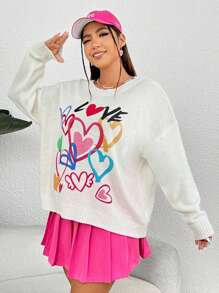 SHEIN EZwear Hơn Tim & Mẫu chữ Thả vai Áo len - trắng - Xem 7