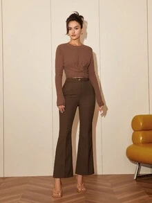 Chất rắn Crossover Áo len Crop - màu nâu - Xem 5