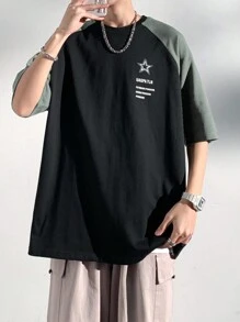 Men Letter Graphic Raglan Sleeve Tee - Black - View 1