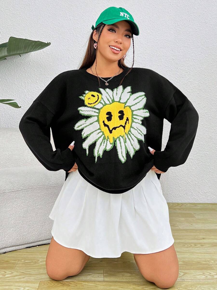 SHEIN EZwear 大碼花卉圖案&卡通臉圖案落肩袖套頭毛衣 - 黑色 - 查看 1