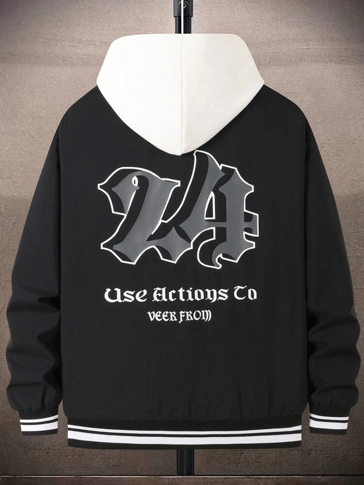 Loose-Fit Men's Varsity Jacket With Letter Embroidery And Striped Trim (No Hood)