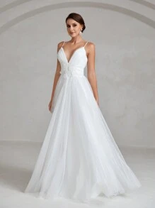 Floral Appliques Mesh Overlay Cami Wedding Dress - White - View 5