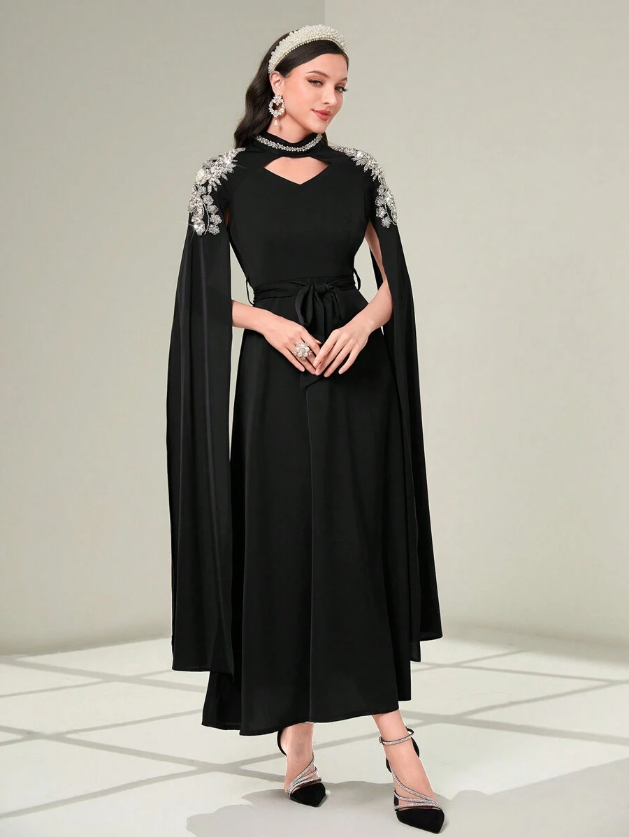 Al Najma Pearls Detail Cloak Sleeve Belted Kaftan, Modest Arabian Dress