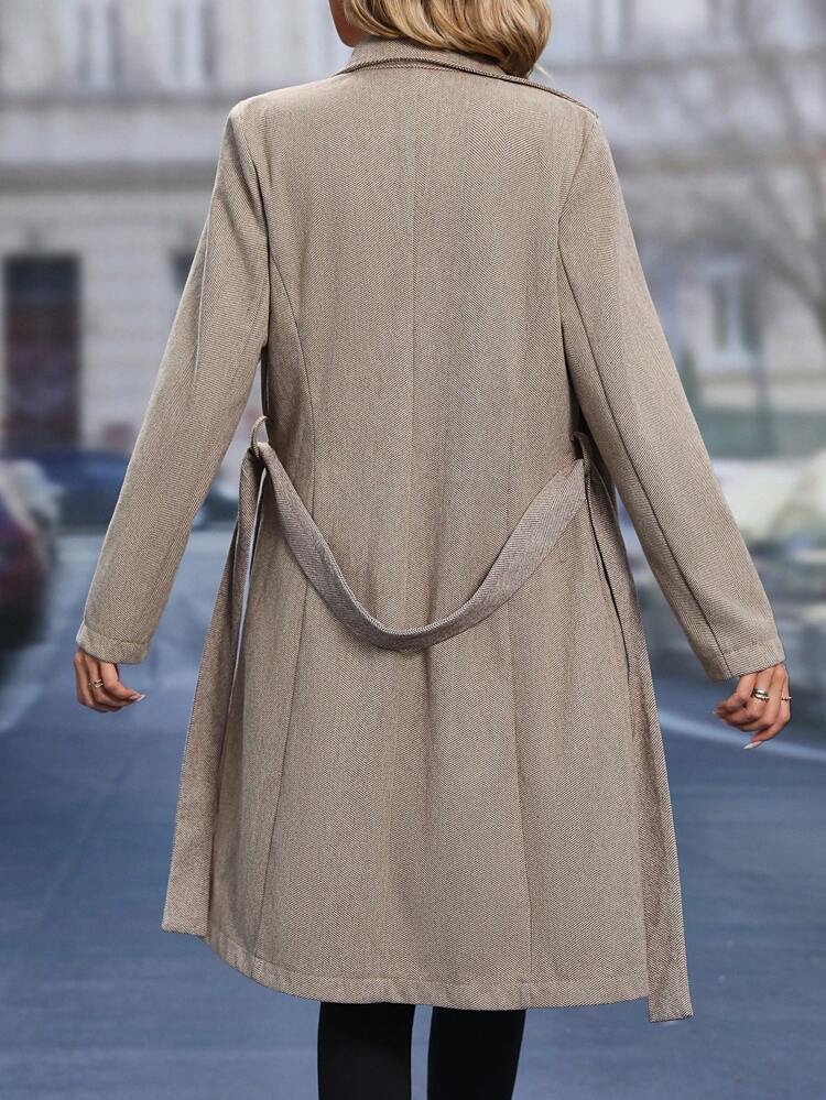Herringbone Button Front Belted Overcoat Fall Cloth For Women
