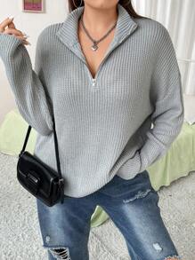 Flirla 加大码半拉链落肩针织套头衫秋冬毛衣 - 灰色 - 查看 8