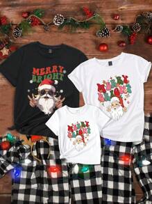 Women's Fun Christmas Character & Letter Print Short Sleeve T-shirt With Christmas Theme For Family Matching Outfits (3 Pieces Are Sold Separately)