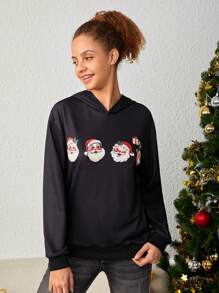 Teen Girls Christmas Print Drop Shoulder Hoodie for Christmas