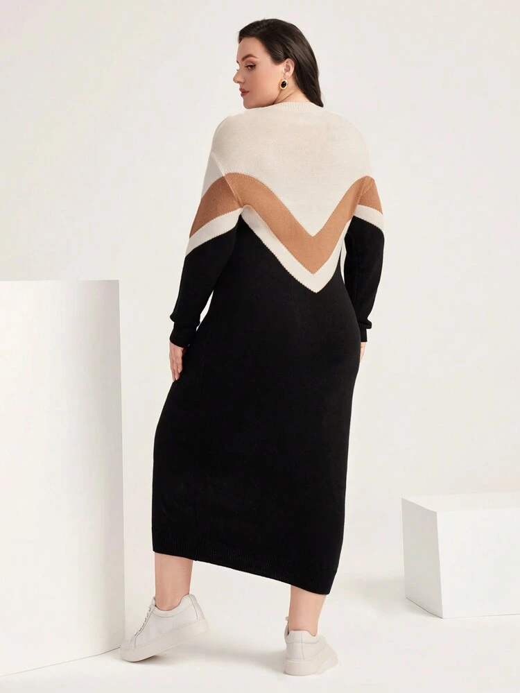 Plus Pattern Colorblock Drop Shoulder Sweater Dress, For Winter Fall