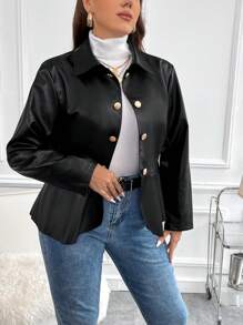 SHEIN Clasi 加號鈕扣正面荷葉邊 PU 皮夾克 - 黑色 - 查看 3