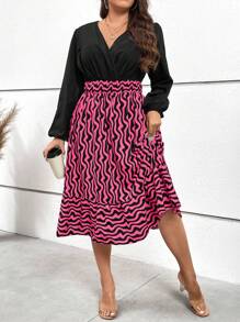 SHEIN Clasi 大碼滿版印花交疊領燈籠袖荷葉邊洋裝 - 玫紅色 - 查看 5