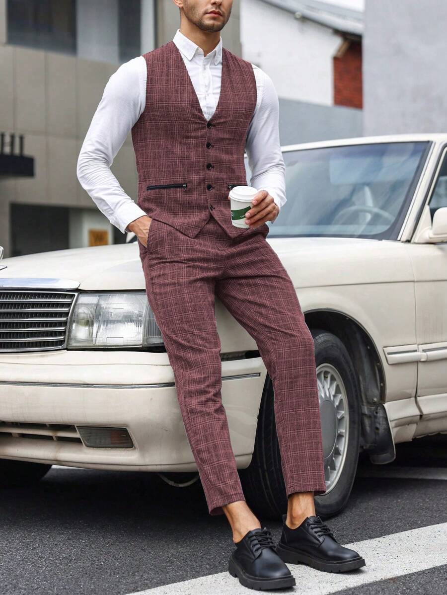 Manfinity Mode 男士格紋印花馬甲&西裝褲無襯衫 - 酒紅色 - 查看 1