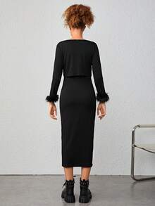 青少年女孩毛茸茸袖口夾克和吊帶洋裝 - 黑色 - 查看 2