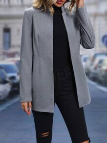 SHEIN LUNE Herringbone Open Front Overcoat - Grey - View 3