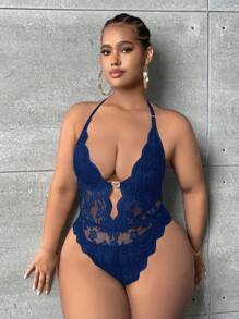 SHEIN SXY Hơn Ren hoa Cắt vỏ sò Không lưng Halter Neck Áo liền quần chặt - Màu xanh lam - Xem 1