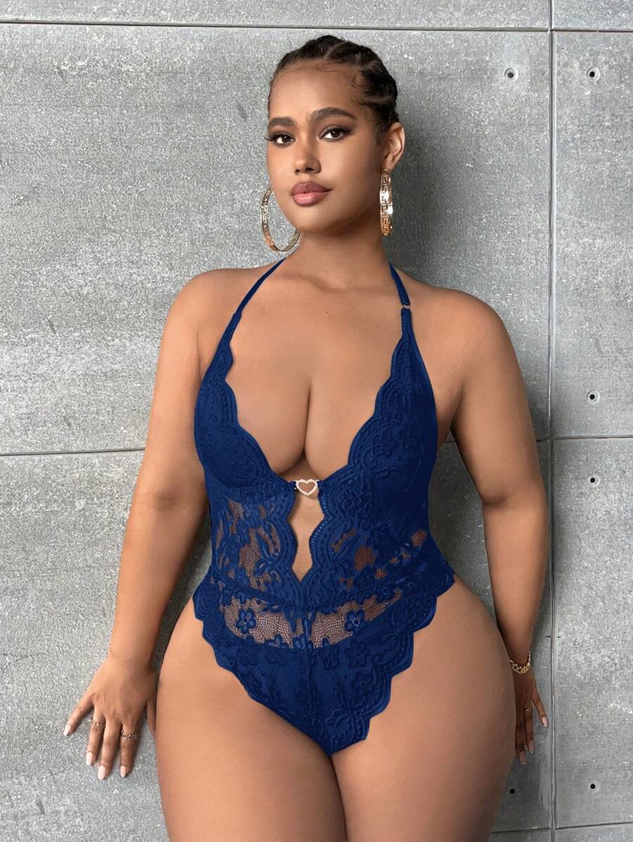 SHEIN SXY Hơn Ren hoa Cắt vỏ sò Không lưng Halter Neck Áo liền quần chặt - Màu xanh lam - Xem 1