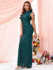 LOVE&LEMONADE 高领链条细节美人鱼下摆亮片舞会礼服，优雅正式晚宴婚礼宾客礼服，适合毕业典礼、晚宴 - 綠色 - 查看 5