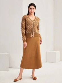 Mulvari Geo Pattern Button Front Cardigan & Knit Skirt