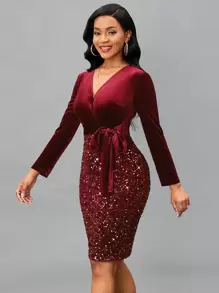 SHEIN Lady 交疊領腰帶亮片緊身洋裝 - 紅色 - 查看 5