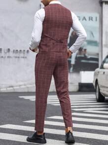 Manfinity Mode 男士格紋印花馬甲&西裝褲無襯衫 - 酒紅色 - 查看 2