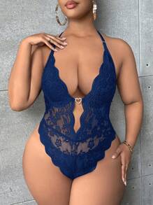 SHEIN SXY Hơn Ren hoa Cắt vỏ sò Không lưng Halter Neck Áo liền quần chặt - Màu xanh lam - Xem 5