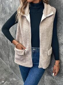 SHEIN LUNE Abrigo chaleco con bolsillo con solapa con cremallera teddy - Azul - Ver 4