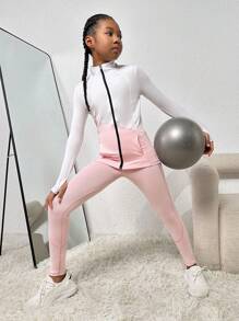 Sparklyn Tween Girl Zip Up Thumbholes Top-stitching Sports Jacket & Leggings - Pink - View 6