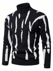 NITAGUT Áo len cổ lọ họa tiết đồ họa dành cho nam, Thu/Đông, Áo dài tay - màu đen - Xem 1