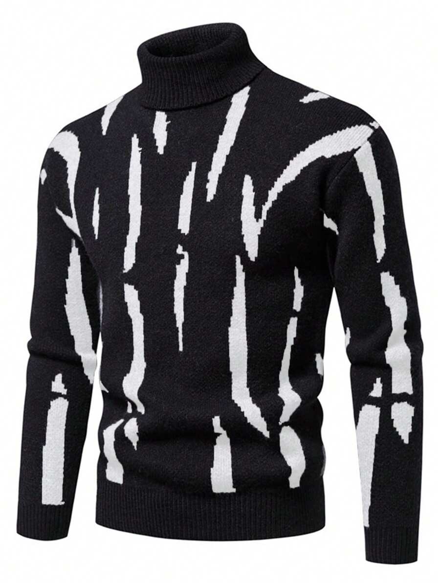 NITAGUT Áo len cổ lọ họa tiết đồ họa dành cho nam, Thu/Đông, Áo dài tay - màu đen - Xem 1