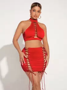 SHEIN SXY 綁帶前背心+修身包臀短裙,新年夜裝、派對裝、性感裝 - 紅色 - 查看 4