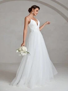 Floral Appliques Mesh Overlay Cami Wedding Dress - White - View 6