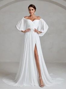 Faeriesty Wedding Dress Bridal: Romantic Off-Shoulder Sweetheart Neckline With Flowing Lantern Long Sleeves, Elegant High-Slit A-Line Gown For Bridal Weddings, Formal Galas, Church Ceremonies, Black-Tie Events & Bridal Showers | Lightweight Fabric & Timeless Silhouette,Bride - White - View 6