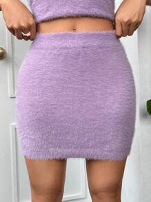 SHEIN EZwear 素色絨毛針織包臀半身裙 - 淡紫色 - 查看 1