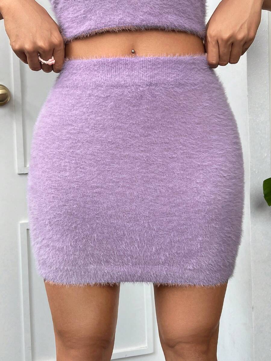 SHEIN EZwear 素色絨毛針織包臀半身裙 - 淡紫色 - 查看 1